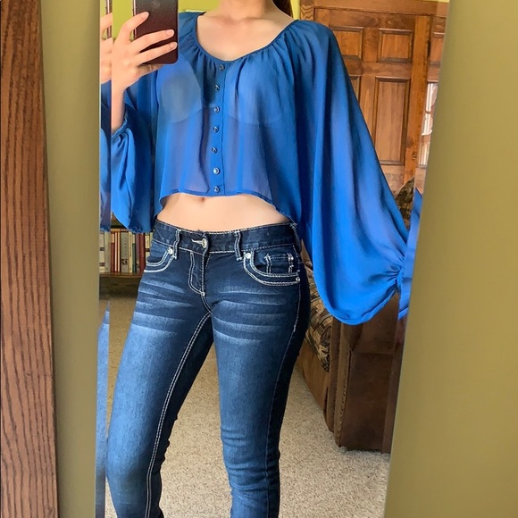 Dots Sheer Blue Crop Top - Picture 1 of 2